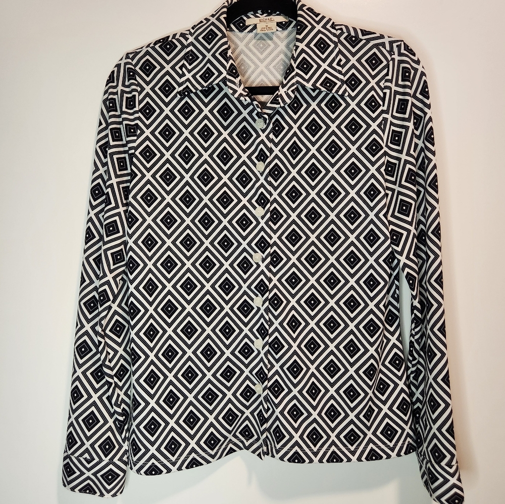 Michael Kors Women's Medium Shirt Black White Geometric Button Up Long Sleeve